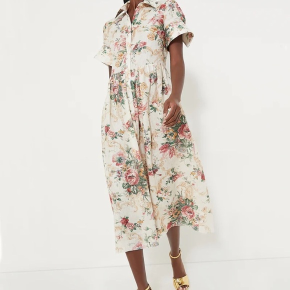 $1645 Erdem Ecru Multi Flared Cuff Fit & Flare Floral Linen Shirt Dress Size 12 - Picture 2 of 11